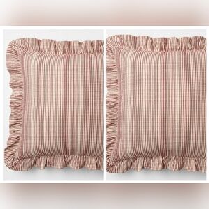 TWO Studio McGee Threshold Uneven Plaid Ruffle Pillow Burgundy Cream Christmas